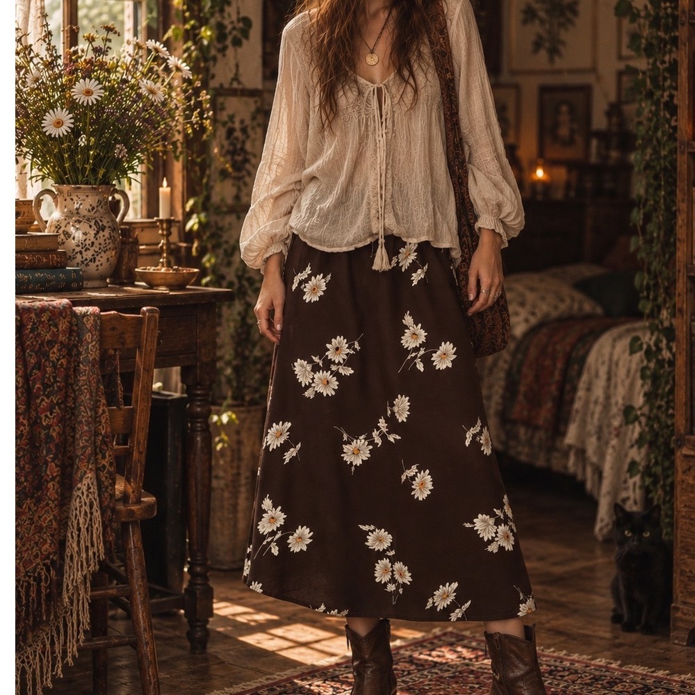 Handmade Maxi Skirt Womens sz S Brown Daisy Floral Festival Boho Elastic Waist